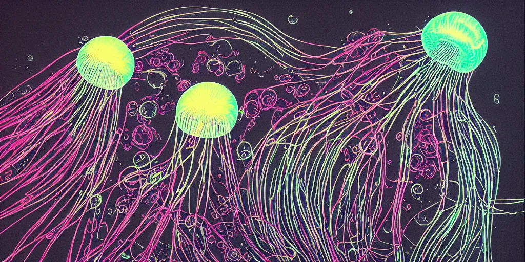 Image similar to cell shading jellyfish on black paper, vivid colours, by Moebius, hiroshi yoshida, Druillet