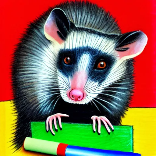 Prompt: an opossum holds up a child's crayon drawing, hd digital photography of an opossum