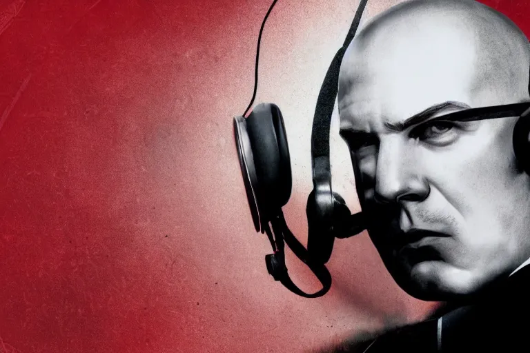 Image similar to an expressive portrait of agent 4 7 from hitman wearing headphones and putting a vinyl record onto a turntable, dark background, red rim light, digita, l