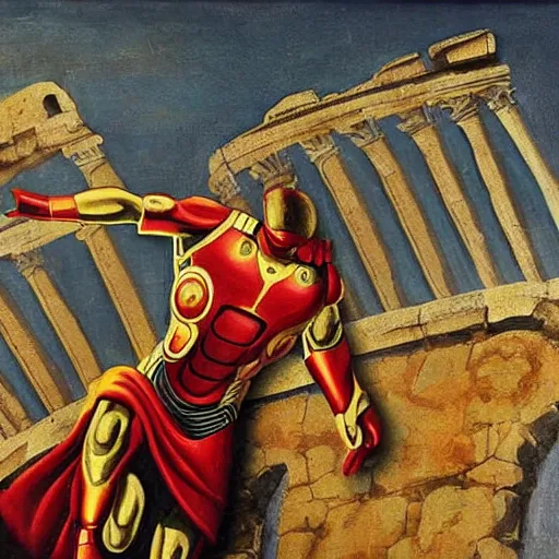 Image similar to hellenistic greece painting of ironman flying across the coliseum