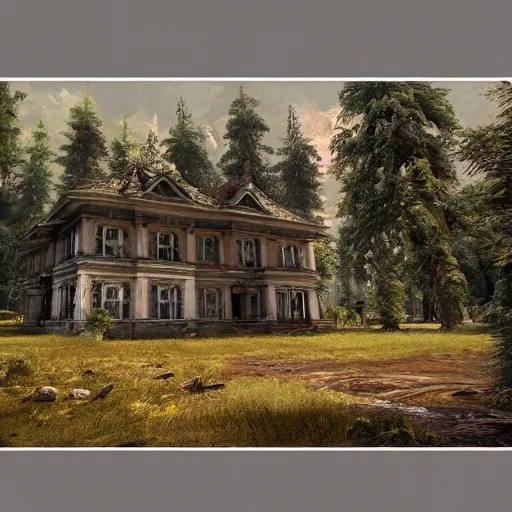 Image similar to old mansion in the woods beside a lake, artstation