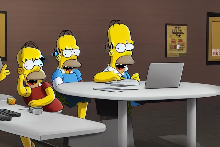 Image similar to Homer Simpson sits at the office table and monitors the fall of Bitcoin and is angry, 3d, CryEngine, 8k, hyperrealism