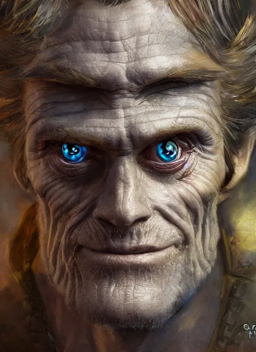 Image similar to closeup portrait biblical daemonic willem dafoe as a pixar!!! character, by mikhail vrubel, by peter elson, muted colors, extreme detail, trending on artstation, 8 k