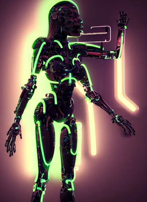 Image similar to photorealistic detailed full body picture of a female cyborg, pretty face with arms and legs, glamour pose, long hair, neon lights, humanoid, extreme, uhdr, book called the most influental cyborg in 2 0 5 0, fine details, highly detailed, intricate, smooth sharp focus, symmetrical features, environmental portrait, realistic render