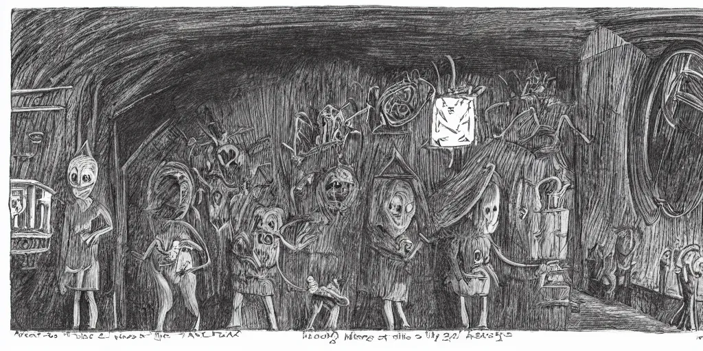 Image similar to Artwork by Maurice Sendak of the cinematic view of the Seventh Terrifying Prison.