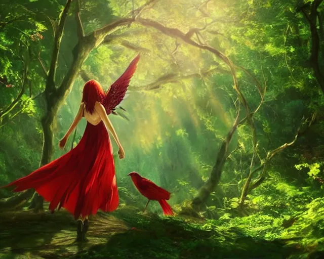 Prompt: a Phoenix girl with two red bird wings on her back flying though a forest in the air, wings coming out of her back, green foliage, sunlit, wide, trees, streams, matte painting, digital illustration, very vibrant colors, soft lighting, adventurous, atmospheric lighting, 8K, octane render. By Makoto Shinkai, Stanley Artgerm Lau, WLOP, Rossdraws, James Jean, Andrei Riabovitchev, Marc Simonetti, krenz cushart, Sakimichan, D&D trending on ArtStation, digital art.