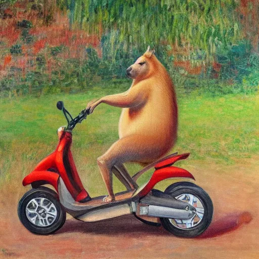 Image similar to painting of a capybara riding a razor scooter in the style of Claude Monet