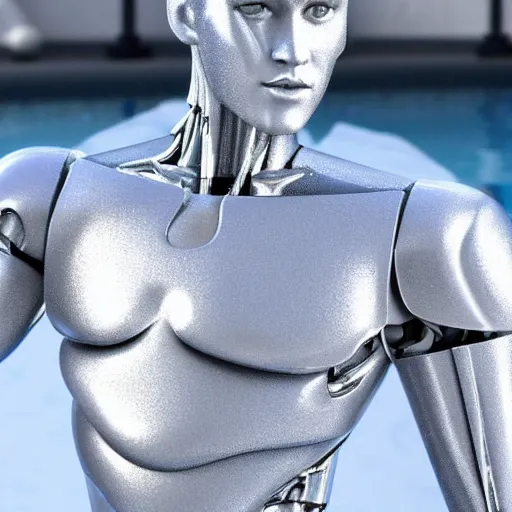 Image similar to made of ice, a realistic detailed photo of a guy who is an attractive humanoid who is half robot and half humanoid, who is a male android, on display, blank stare, showing off his muscles, shiny skin, posing like a statue, by the pool, frozen ice statue, twitch streamer / gamer ludwig, humanoid robot