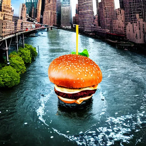 Image similar to giant delicious burger and fries splashes into New York city river, mind-bending digital art, macro photography 25mm, hollywood movie cinematic helicopter view