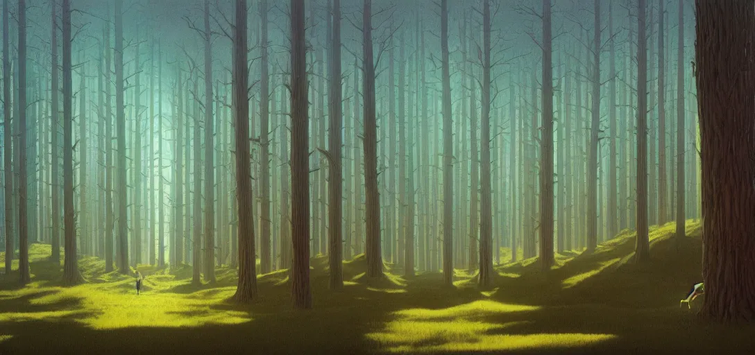 Image similar to pine forest, illustrated, epic composistion, moebius, edward hopper and james gilleard, zdzislaw beksinski, steven outram, volumetric lighting, surreal flat colors, concept art