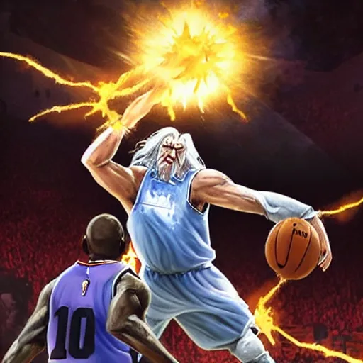 Image similar to gandalf posterizing an orc in the paint with an overpowering dunk, explosive energy, magical, camera flash