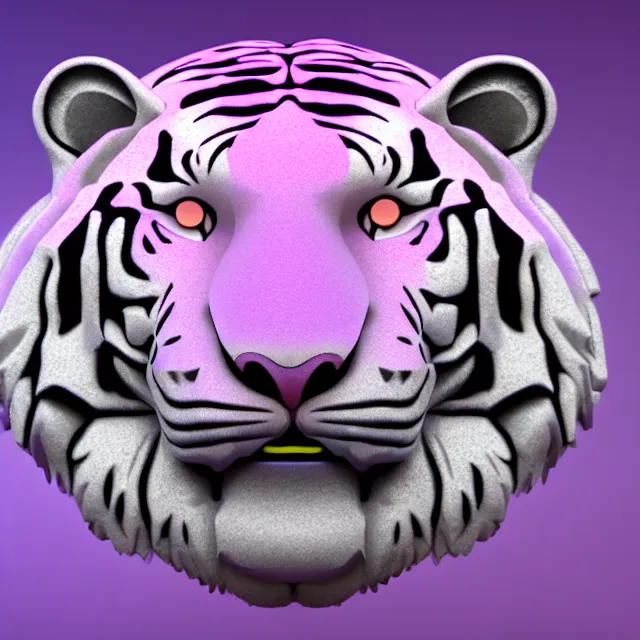 Prompt: 4 k magical realism render of a gigantic tiger head made of crystaline rose quartz, symetrical features.