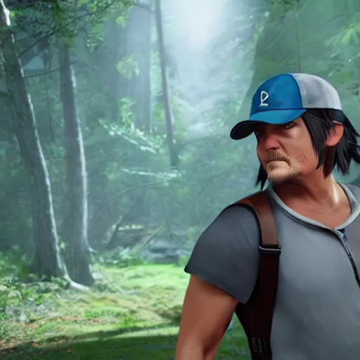Prompt: Norman Reedus as Ash Ketchum, Pokemon, unreal engine 5 render