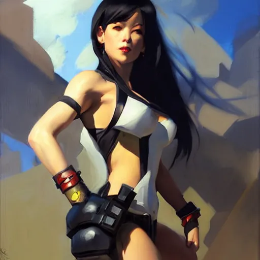 Image similar to Greg Manchess portrait painting o Tifa Lockheart as Overwatch character, medium shot, asymmetrical, profile picture, Organic Painting, sunny day, Matte Painting, bold shapes, hard edges, street art, trending on artstation, by Huang Guangjian and Gil Elvgren and Sachin Teng