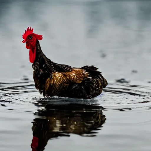 Image similar to close up photo of a chicken, drinking water from a lake in tasmania, bokeh, 4 0 0 mm lens, 4 k award winning nature photography