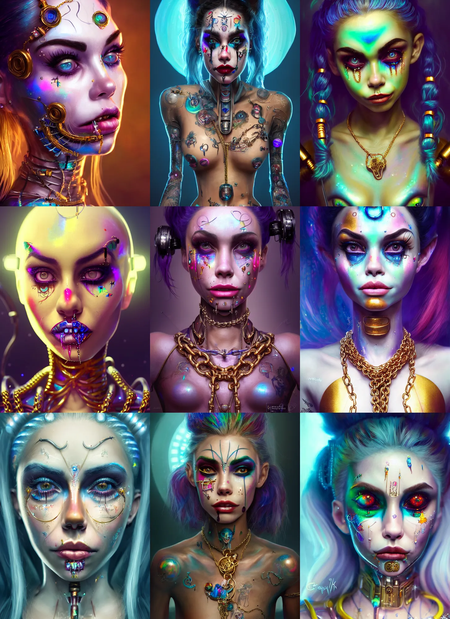 Prompt: disney 8 k photo, gorgeous shiny sweaty porcelain grand iridescent chained clowncore cyborg madison beer, face tattoos, golden ratio details, sci fi, fantasy, cyberpunk, intricate, decadent, highly detailed, digital painting, octane render, artstation, concept art, smooth, sharp focus, illustration, art by loish, wlop