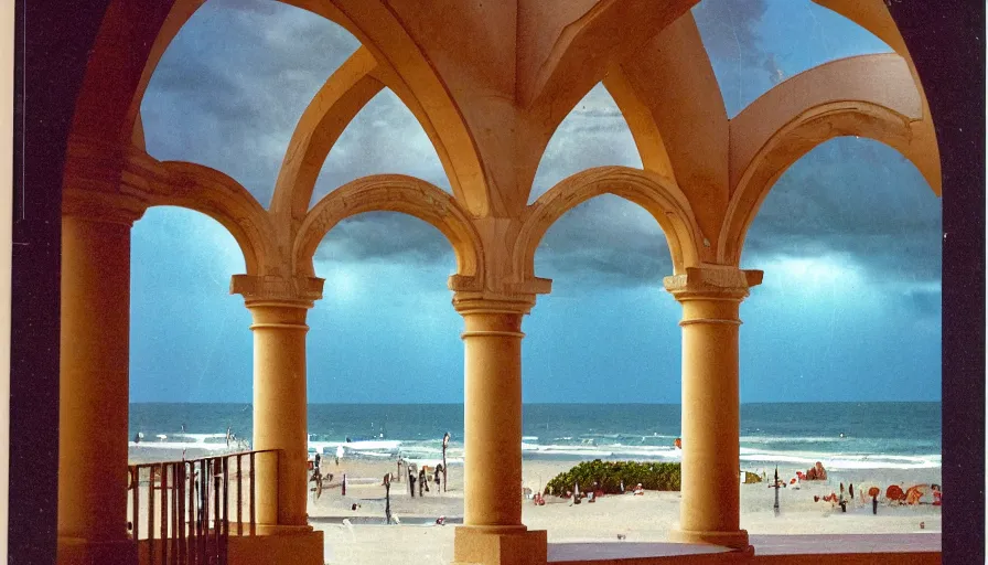 Prompt: A 1985 vintage magazine architecture photo of stairs, mediterranean architecture, refracted lines and sparkles, thunderstorm outside, beach on the background major arcana sky and occult symbols, hyperrealistic, award-winning, 1985