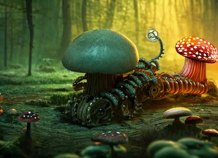 Image similar to 12mm intricate mechanical caterpillar with visible gears and electronics and optic Fibres sitting on top of a mushroom in a magical forest. Very detailed 8k. Fantasy cyberpunk horror. Sharp. Cinematic post-processing