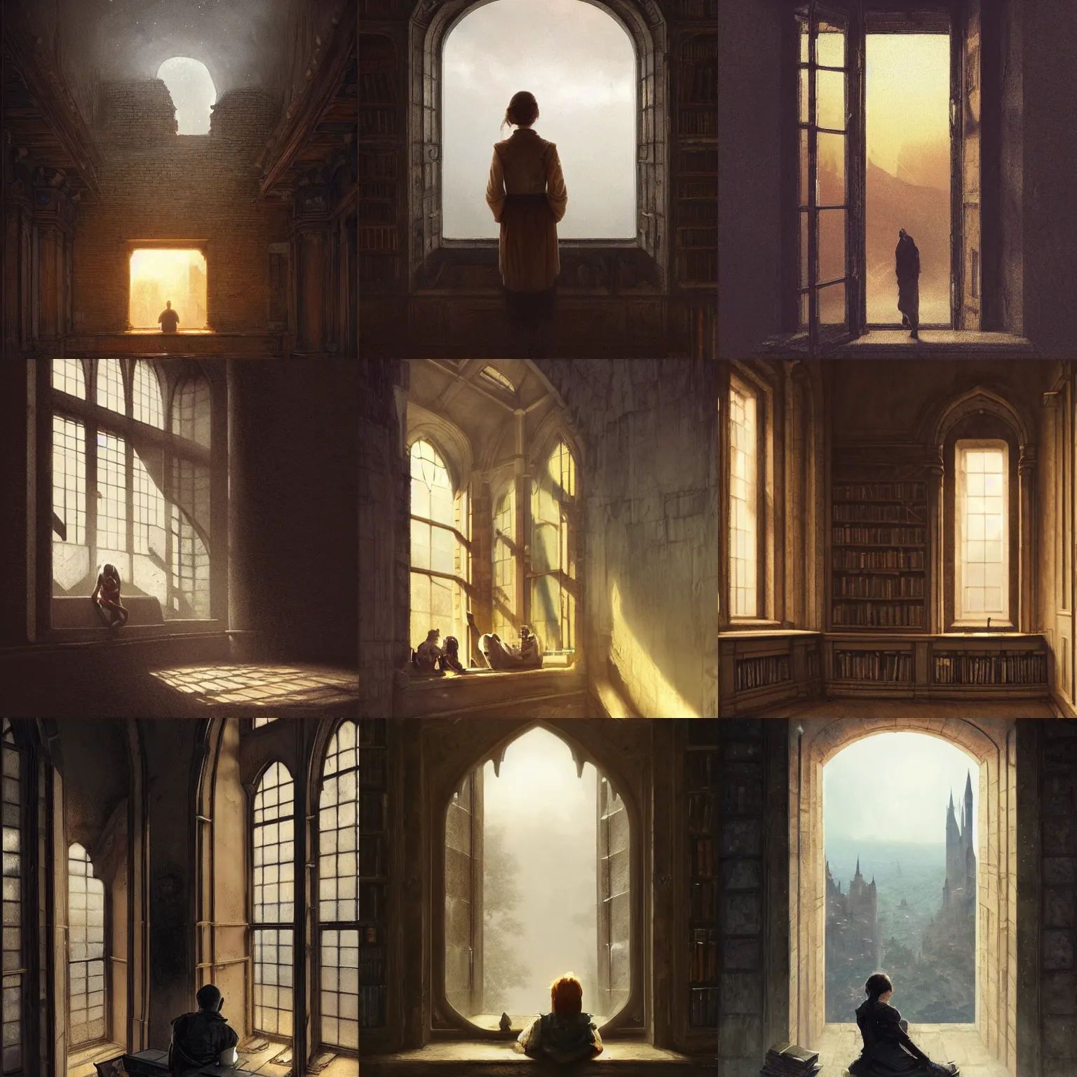 Prompt: figure looking through a wide window, castle library, nightfall, lonely, dark colors, fading sun, cliff landscape, photorealistic by michael komarck, greg rutkowski, victo ngai, artgerm, willem claesz heda