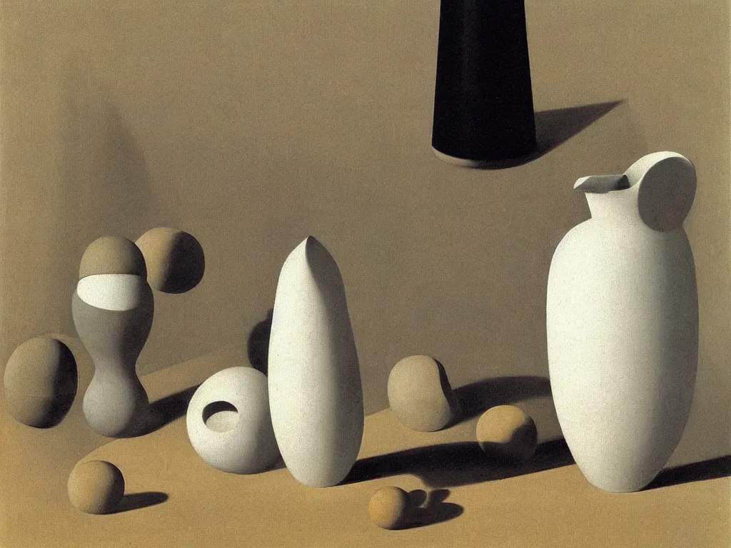 Prompt: Still life with absurd, Brancusi sculpted, round, architectural miniature model, white vase, ceramic pot. Painting by Zurbaran, Escher
