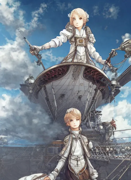 Image similar to character portrait of the white herald on the deck of an imperial airship in the sky, hidari, color page, tankoban, 4K, tone mapping, Akihiko Yoshida.