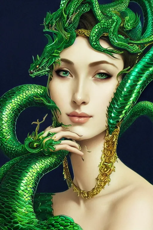 Image similar to a seductive beautiful lithuanian woman with a perfect anime face!!! shiny green iridescent dragon scale skin, serpentine features, bust portrait, gold jewelry, dnd, face, fantasy, intricate, elegant, highly detailed, digital painting, artstation, concept art, smooth, sharp focus, illustration, art by artgerm and greg rutkowski and alphonse mucha