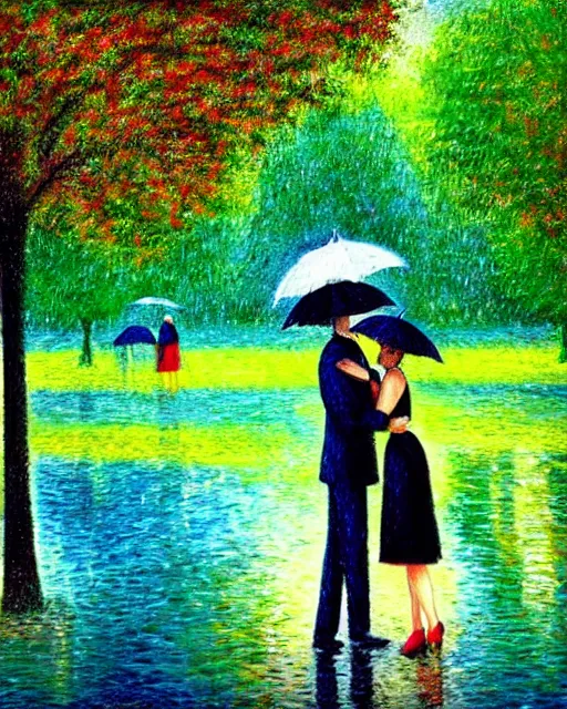 Image similar to raindrops, rain, square, park, lake, man and woman under a black umbrella, trees, kiss, paths, lake, impressionism.