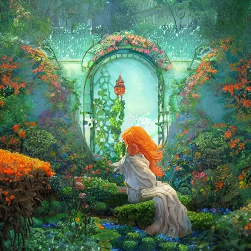 Prompt: dreamlike pixelart garden fantasycore , glossy painting, Art Nouveau Cosmic 4k Detailed Matte Illustration featured on Getty Images ,CGSociety, Jade and Carrot orange color scheme, Pastiche by Marc Simonetti, Pastiche by Cedric Peyravernay