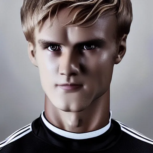 Image similar to a realistic detailed photo of a guy who is an attractive humanoid who is half robot and half humanoid, who is a male android, soccer player martin ødegaard, shiny skin, posing like a statue, blank stare, in a living room, on display