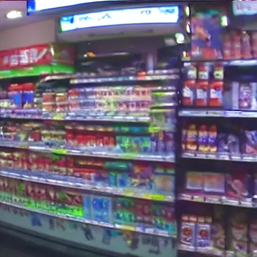 Prompt: cctv cam footage of The Predator on convenience store