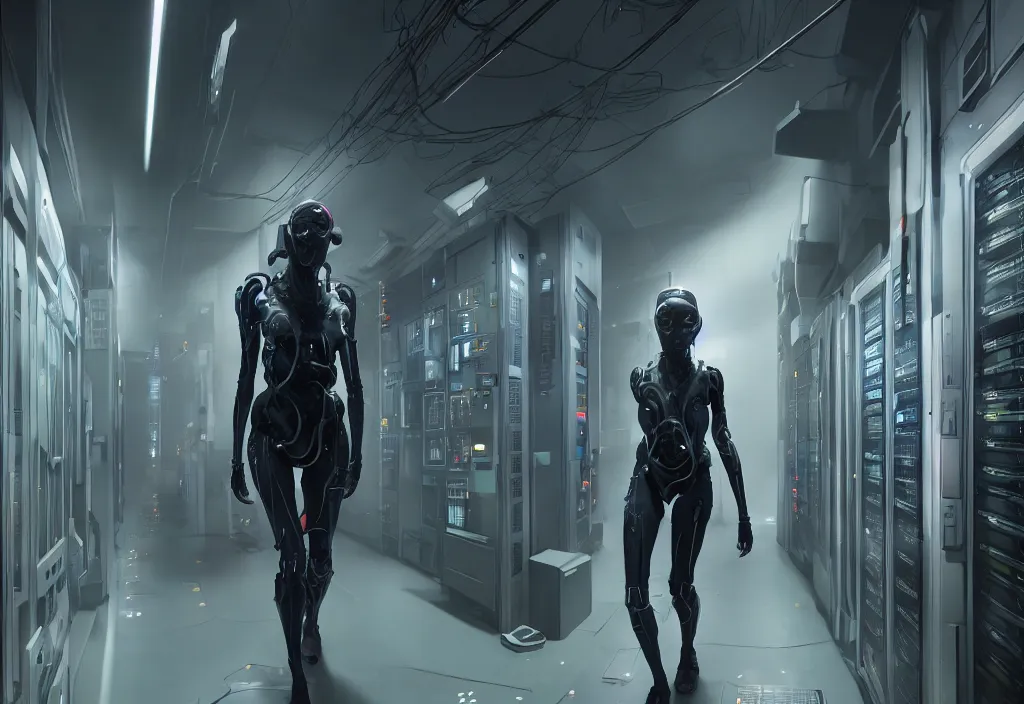 Image similar to by neil blomkamp android walking in server room in datacenter, shot by cyberpunk syle, character design, proportional body, whole body, whole figure, very realistic cinematic concept art, complementary color, realistic detailed, sharp lines, trending on artstation, volumetric lighting, octane render