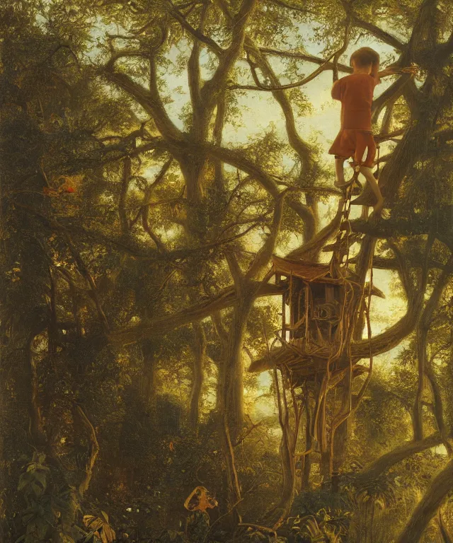 Image similar to masterful oil on canvas painting, eye - level view, shot from 5 0 feet distance, of a kid playing in a treehouse. in the background is a whimsical sparse forest. by ambrosius benson and gerald brom. golden hour, detailed, depth, volume, chiaroscuro, quiet intensity, vivid color palette.