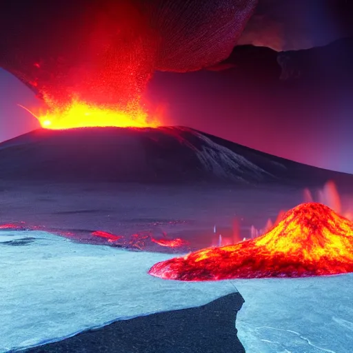 Image similar to a volcano fires ice instead of lava, heatwave, 4 k photoshop, photorealistic, 1 0 0 m, sharp focus, bokeh, movie shot, artstation, behance, deviantart, cinematic perspective, studio shot