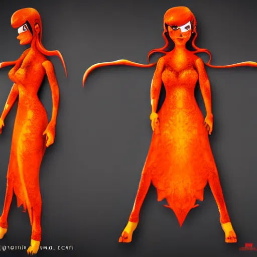 Image similar to A flaming lava game character, fire lava dress, doll-like, character design sheet, detailed eyes, HDR