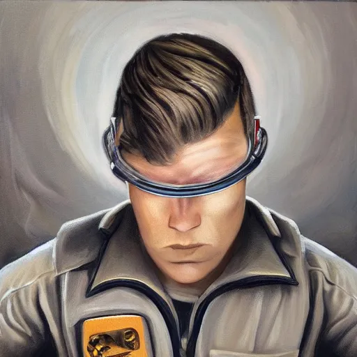 Image similar to square - jawed emotionless serious blonde woman starship engineer, tribal tattoos, handsome, short slicked - back hair, sweating, uncomfortable and anxious, looking distracted and awkward, wearing victorian dark goggles, dirty flight suit and gloves, small spacecraft in background, highly detailed, oil painting, trending on artstation