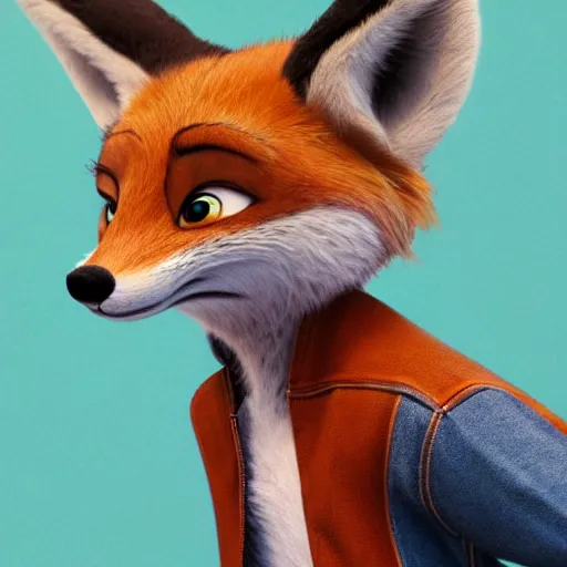 Prompt: upper half portrait of a anthropomorphic female fox with short fur covering her body, wearing a denim jacket in the style of zootopia, far shot,