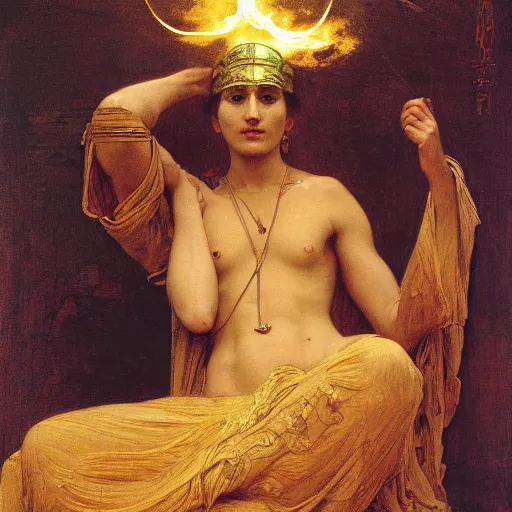 Prompt: orientalist portrait of a sage wearing a golden mask casting a glowing lightning magic spell in a sandstone temple intricate portrait by john william waterhouse and Edwin Longsden Long and Theodore Ralli and William-Adolphe Bouguereau, very coherent symmetrical artwork. Cinematic, hyper realism, high detail 8k