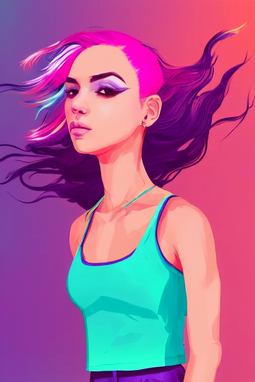 Image similar to a award winning half body porttrait of a beautiful woman in a croptop and cargo pants with ombre purple pink teal hairstyle with head in motion and hair flying, outrun, vaporware, shaded flat illustration, digital art, trending on artstation, highly detailed, fine detail, intricate