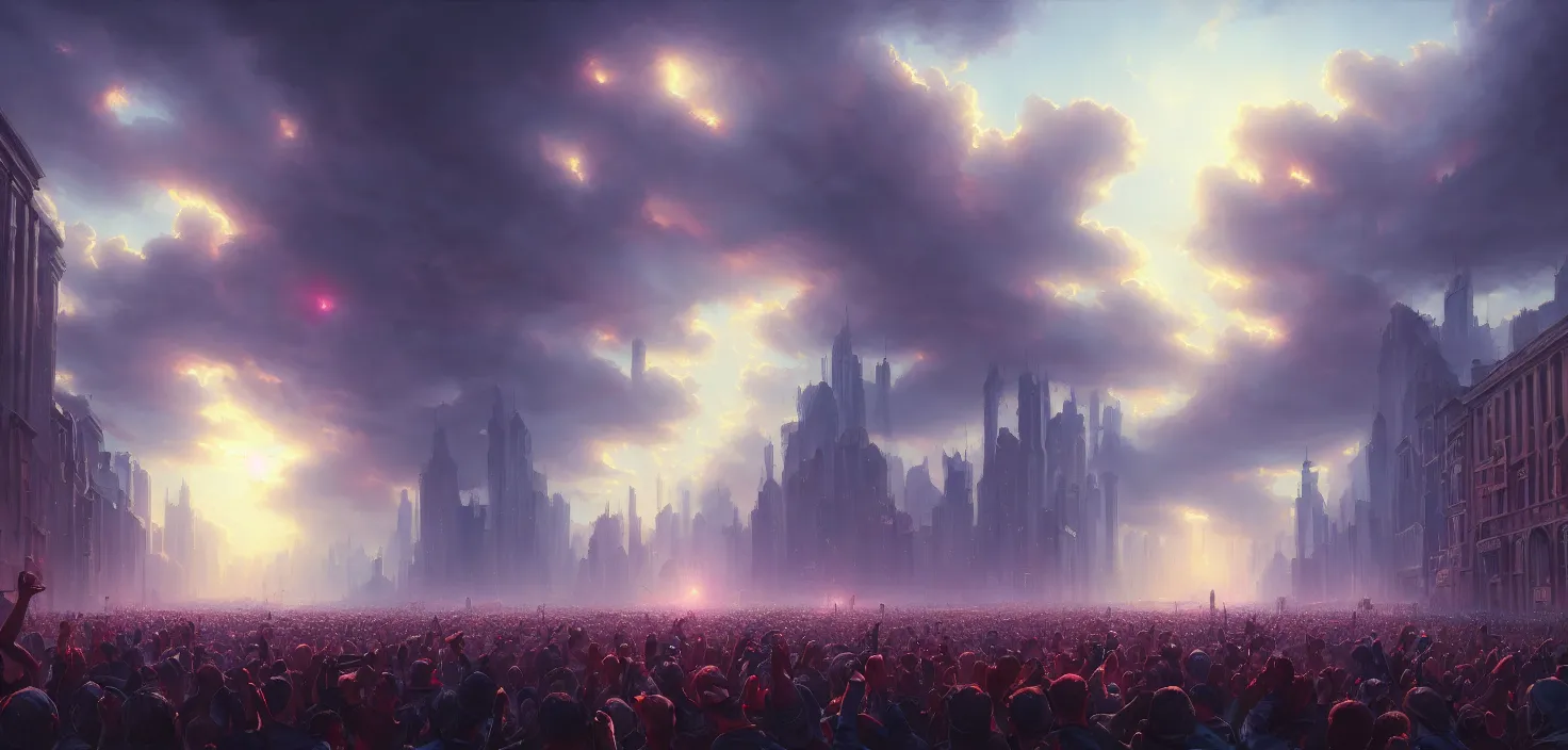 Image similar to painting of a crowd with raised arms pointing toward, demonstration in city, cinematic view, epic sky, detailed, concept art, low angle, high detail, warm lighting, volumetric, godrays, vivid, beautiful, trending on artstation, by jordan grimmer, huge scene, art greg rutkowski