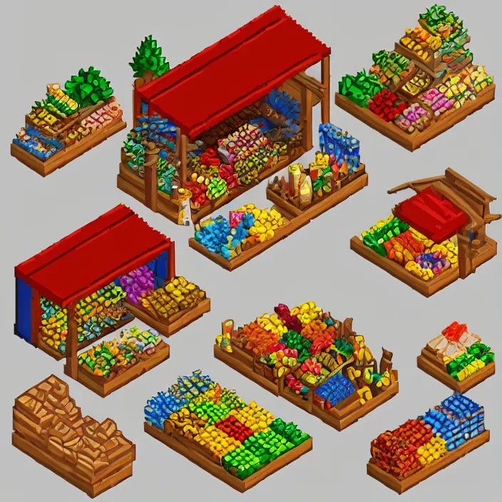 Image similar to isometric pixel art of a small medieval market stall selling fruits