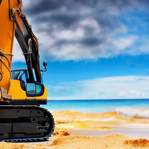 Prompt: an excavator sunbathing on the beach, depth of field, holiday vibe, jcb, photo style, ultra realistic