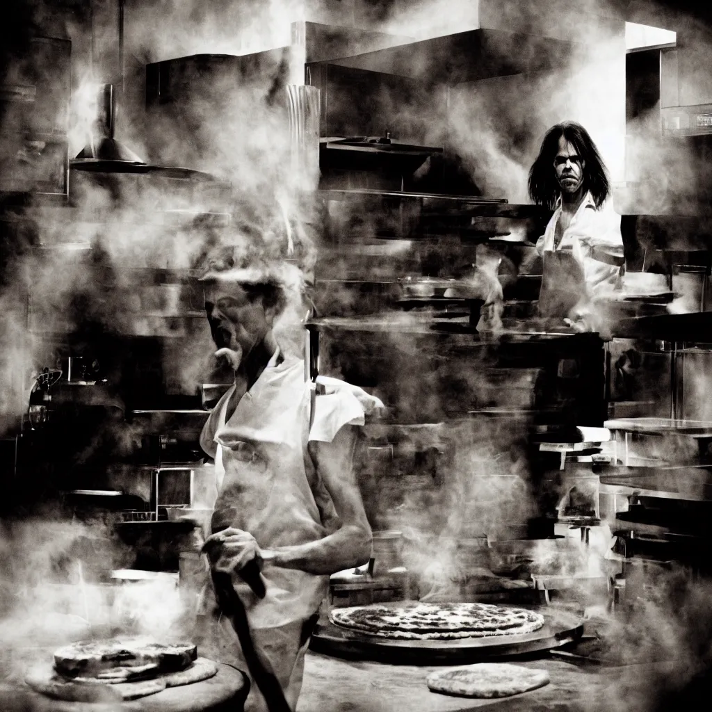 Prompt: award winning photo of nick cave baking pizza, vivid colors, happy, symmetrical face, beautiful eyes, studio lighting, wide shot art by Sally Mann & Arnold Newman