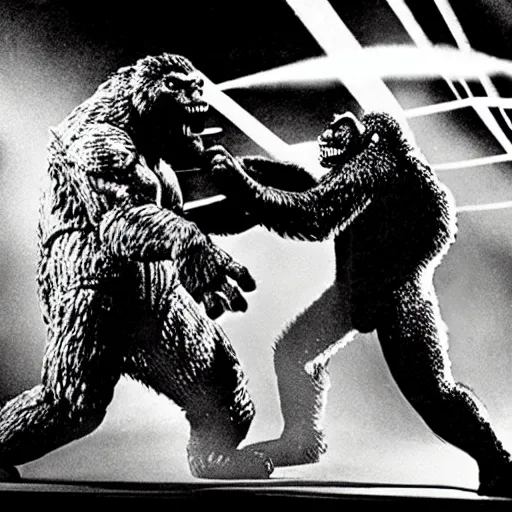 Prompt: Godzilla and King Kong in a 90s wrestling match, center lighting, dark crowd, camera flashes, spotlights, gritty