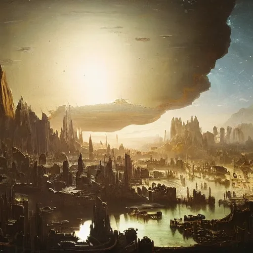 Image similar to A vast planetary sci fi city by Ansel Adams and Bernardo Bellotto, oil on canvas, artstation, dramatic scenery, masterpiece, aesthetic