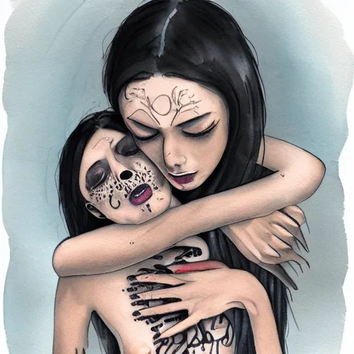 Image similar to Hot young woman, grey skin, void eyeballs, tattoos, wearing a leather jacket, hugging a shrouded person as they cry on her chest, comforting, touching, wholesome, watercolour, big sister, little brother, 4k