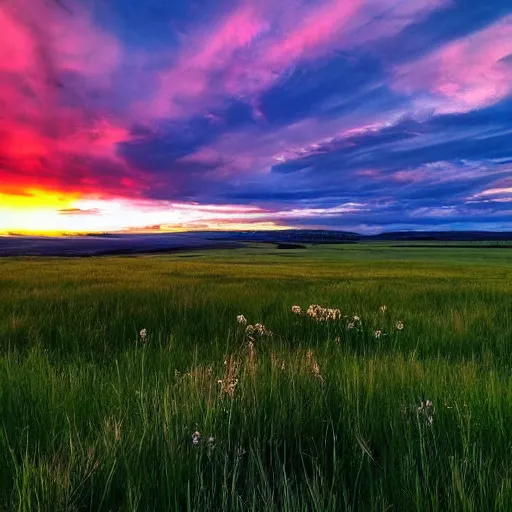 Prompt: sunset above plains and meadow, beautiful landscape, high detail, instagram photo, professional dslr photo, creative composition, beautiful composition