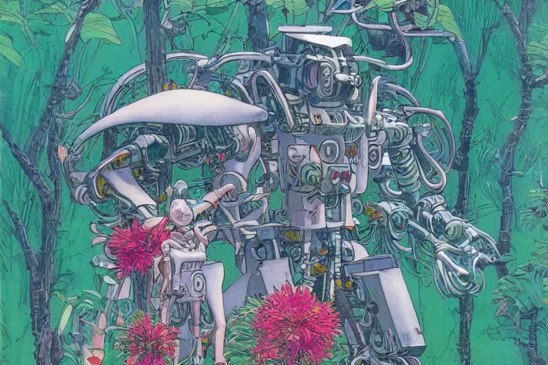 Image similar to gigantic man head, a lot of exotic vegetation around, trees, tremendous mecha robot, flowers, risograph!, oldschool vintage sci - fi flat surreal design, super - detailed, painting by moebius and satoshi kon and jodorowski