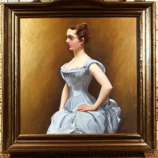 Image similar to a painting of a female model in victorian times, fully body shot