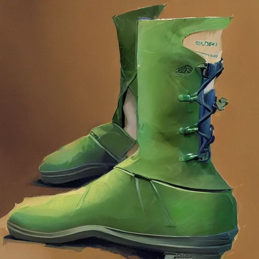 Image similar to water resistant green hiking boots, by Craig mullins, Steve Purcell, Ralph McQuarrie. Design. Fashion. Trending on artstation. Centered image, no background