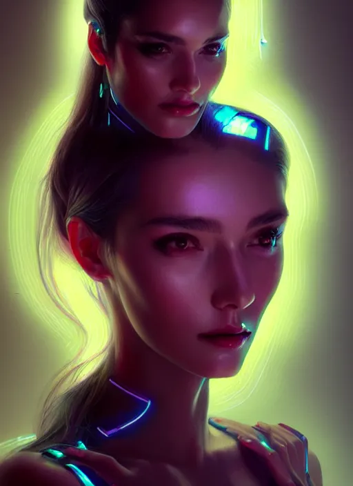 Prompt: a portrait of female humanoid in transparent fashion wear, intricate, elegant, cyber neon lights, highly detailed, digital photography, trending in artstation, glamor pose, concept art, smooth, sharp focus, art by artgerm and greg rutkowski